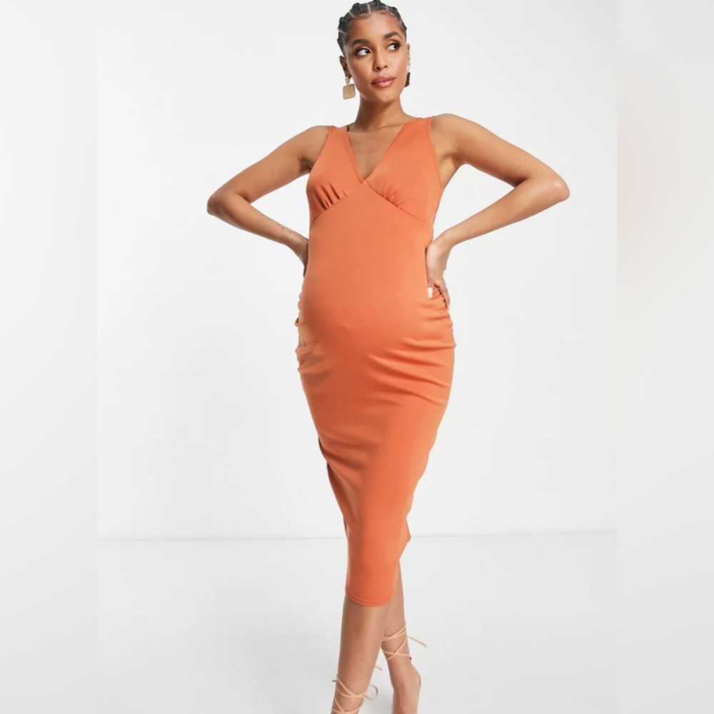 ASOS Maternity Sleeveless V-Neck Midi Dress in Burnt Orange
